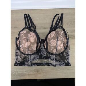 Victoria's Secret Floral Bustier Bra 36D Lingerie Dominatrix‎ Goth Drama Strappy